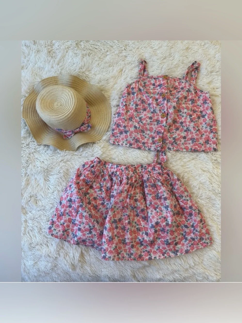 MAX STUDIO Girls Floral 3 Piece Skirt Tank Top Sun Hat Matching Set Size 7/8